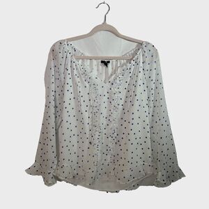 Tommy Hilfiger Womens Med White Blue Polka Dot Ruffled Blouse Tie Sheer Sleeves